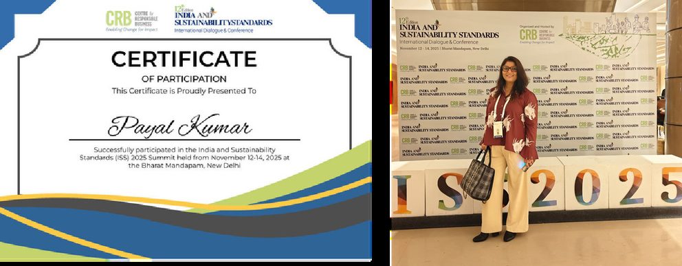 Certificate and photo from the India and Sustainability Standards 2025 conference